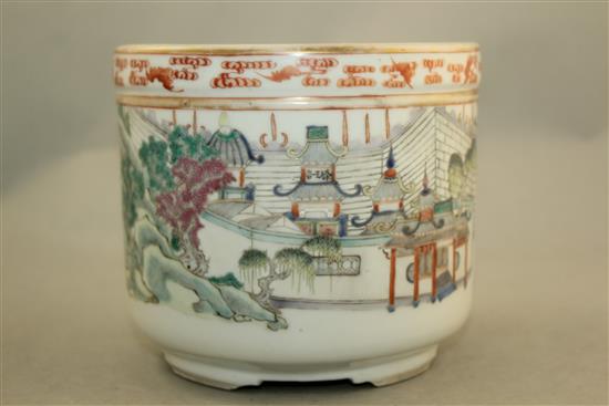 A Chinese famille rose cylindrical brush pot, c.1900, 16cm diam.